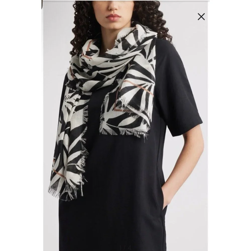 Nordstrom Tissue Weight Wool & Cashmere Scarf 29 x 73” Floral Black White $99